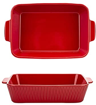 Fuente de Horno 47oz Cerámica for Hornear Plato de Porcelana Rectangular Roma Pilar Horakeware for Verduras, Lasaña, Cazuela, Pollo, Brownies - Conjunto de 2, Rojo Vajilla para Hornear