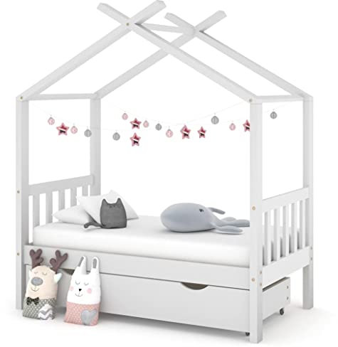 INLIFE Kinderbett mit Schublade Weiß Massivholz Kiefer 70x140 cm,Weiß,22.6KG