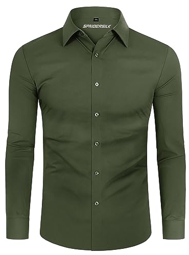 DEMEANOR Camicia da uomo a maniche lunghe elasticizzata slim fit casual business antipiega, verde oliva, S