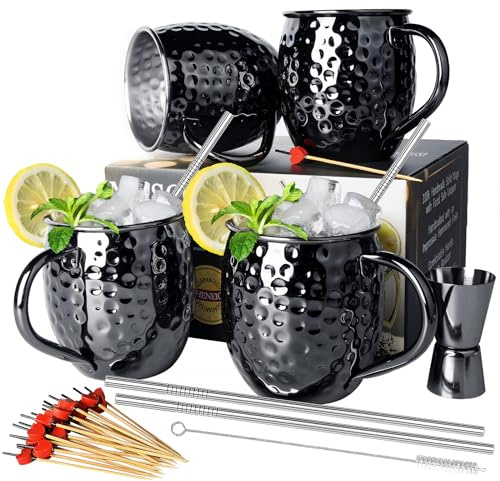 LINALL Moscow Mule Tassen, 4er-Set, schwarz, Edelstahl, 530 ml, für gekühlte Getränke, Schwarz, 4 Stück