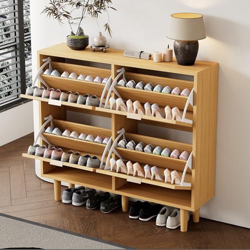 Lexiou Schuhschrank mit 4 Klappschubladen, Schuhkommode aus Rattan mit Metallgriffen, Schuhregal für Flur, Schlafzimmer, Wohnung,Holzmöbel, Landhausstil