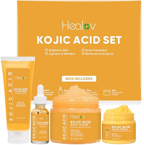 Kojic Acid Skincare Set – Kojic Soap Cleanser, Exfoliating Body Scrub, Face Cream & Brightening Facial Serum – Skin Brightening Hyperpigmentation Treatment, Dark Spot Corrector – with Turmeric Papaya