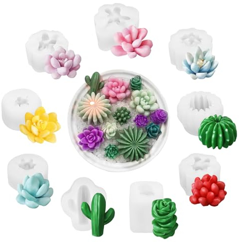 9PCS Sukkulenten Silikonform Blumenformen Kerzenform Silikon Sukkulenten Silikonformen Gießformen Set Kerzenform Kit Kaktus Harz Blüte Silikonkerzenform für DIY Handgemachte Seife Kuchen Dekoration