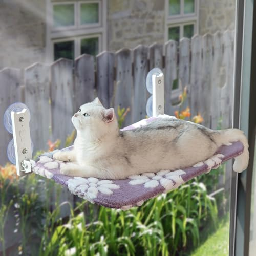 Yaning Cute Cat Window Perch, Foldable Cat Window Hammock, Purple | Cordless Window Seat Bed for Indoor Cats, 3D Textured Flower Cover, Strong Suction Cups
