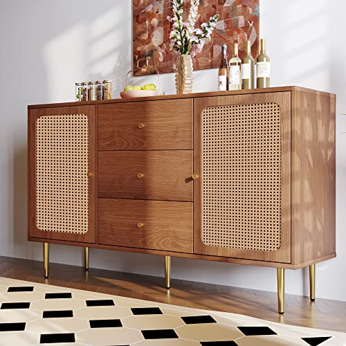 Goeria Kommode mit 2 Türen und 3 Schubladen, Rattan Türkommoden mit Schubkasten, für Wohnzimmer Schlafzimmer, Verstellbare Ablage, Nussbaum (150×40×90cm/mit 2 Türen und 3 Schubladen)