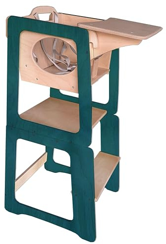 Dunorm - Montessori-Lernturm für Kinder | Umwandelbarer Helferhocker | Handgefertigt | Mit Hochstuhl-Rutsche Option | Für Küche & Alltag (Dunkles Türkisgrün, mit Hochstuhl)