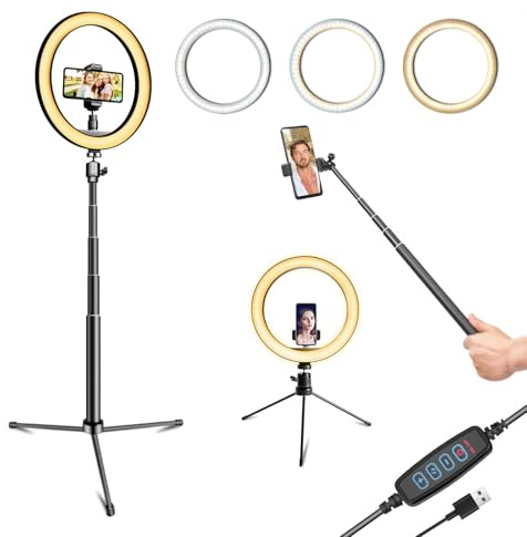 SHSY LVSEZM 10 Selfie Ring Light with 10 Stand and 60 Selfie Stick, 3 Color Light Adjustment Suitable for Phones and Cameras, Makeup/Live Streaming/Taking Photos