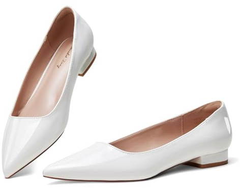 Zhabtuc Women's Pointed Toe Casual Chunky Flats Slip On Comfortable Dress Flats Shoes, White Patent, 6.5 UK