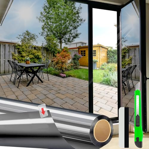 HONLONE Spiegelfolie Fenster Sichtschutz 60x400 cm, Hitzeschutzfolie Sonnenschutzfolie UV-Schutz, Statische Fensterfolie Einseitig Blickdicht, UV Folie Fenster für Wohnzimmer und Büro