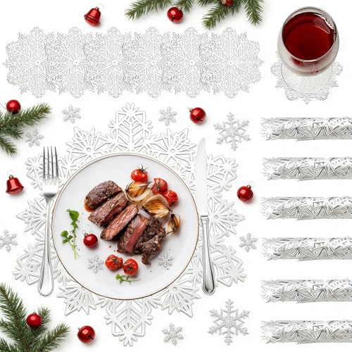 Norhogo 6 pcs SnowFlake Placemats and 6 pcs Coaster Sets, Silver table mats, Christmas Snowflake Placemats, Festival Table Decorations for Christmas, Wedding, Dinner Parties, Restaurant, Hotel, 38cm