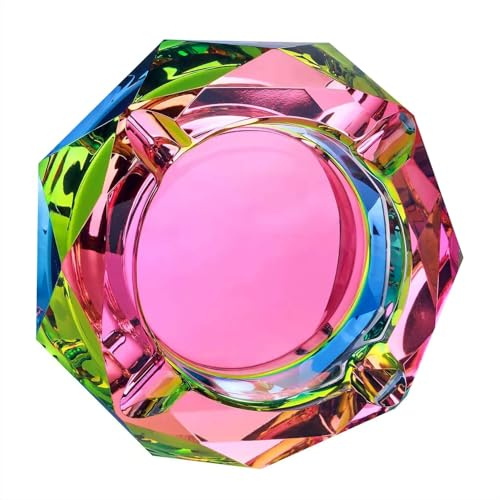 Glass Ashtray - Colorful Cigarette & Cigar Holder for Home, Office, or Tabletop Decoration - Durable Decorative Craft for Indoors & Outdoors (Pink-Purple)