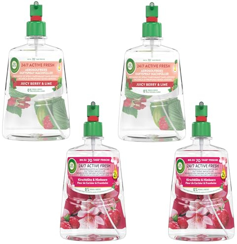 Air Wick Active Fresh Wasserbasiertes Automatisches Duftspray Nachfüller SET 2x 228ml Juicy Berry & Lime & 2x228ml Kirschblüte & Himbeere
