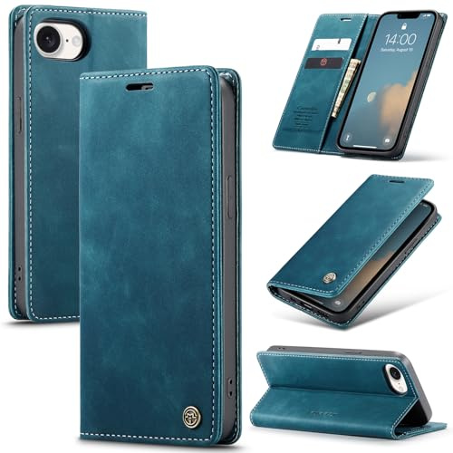 Cracedily Handyhülle für iPhone 17e /iPhone 16e Hülle, Klapphülle Premium Lederhülle Klappbar Flip Case Tasche Magnet Kartenfach Standfunktion Klapphülle Schutzhülle für iPhone SE 4/SE 2025, Blaugrün