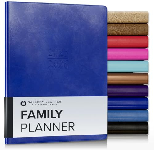 Gallery Leather Family Planner 2025-2026, for moms, Elegantly Bound Calendar Planner and Notebook with Stylish White Page Edges, 18 Months - Acadia Malibu - 9 x 7 