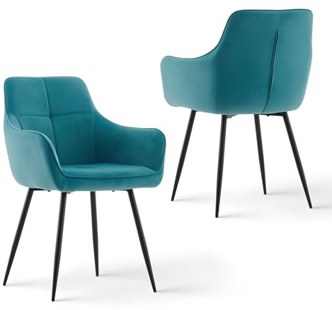 CLIPOP Samt Küchenstühle 2er Set, Esszimmerstühle Polsterstuhl Esszimmer Stuhl, Sitzfläche mit Rückenlehne und Metallbeine (Petrol, 2er Set)