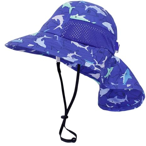 howkuhat unisex solhatt för barn UV-skydd sommarhatt andningsbar justerbar snabbtorkande brett brätte strandmössa med nackflik, Kungsblå haj, one size