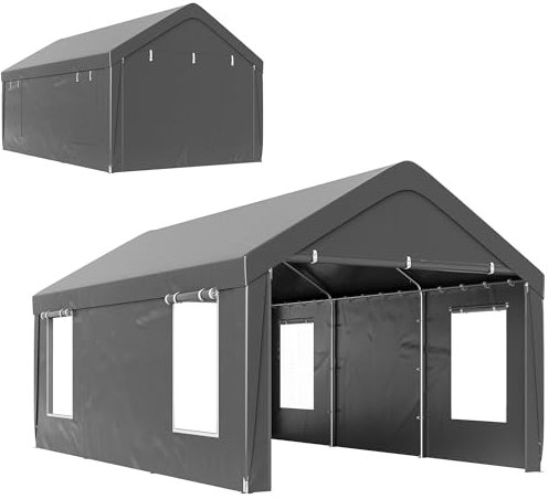 Outsunny Carport Tente de Garage 3 x 6 m abri Voiture extérieur Tente de Stockage avec parois latérales Amovibles, 2 Portes enroulables et 4 fenêtres, carport pour Voiture, Camion, Bateau, Gris foncé