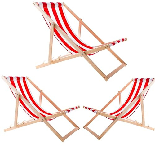 WOODOK Sedia a sdraio pieghevole – Lettino da giardino pieghevole fino a 120 kg, in legno di faggio senza braccioli (3 x rosso-bianco)