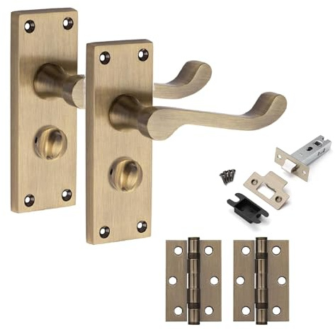 Golden Grace Victorian Scroll Privacy Door Handle Set Antique Brass Finish with Hinges