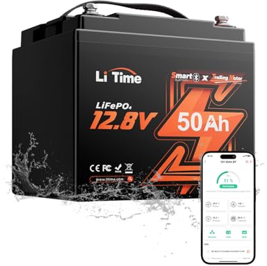 LiTime 12V 50Ah LiFePO4 Batterie mit Bluetooth für Trolling Motor, Boot | 50A BMS, 4000+ Tiefzyklen, Untertemperaturschutz, Schutzklasse IP65, 640Wh Lithium Batterie für Fischfinder, Yacht