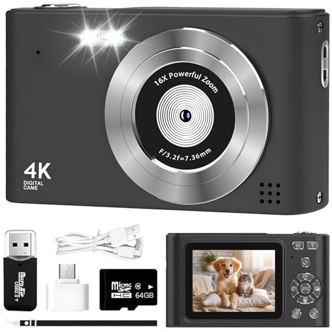 Digitalkamera,4K Autofokus Fotoapparat Fotokameramit 32G SD-Karte 64MP,16X Digitalzoom with 2,7 großem Bildschirm,Digitalzoom Tragbar Kompaktkamera (schwarz)