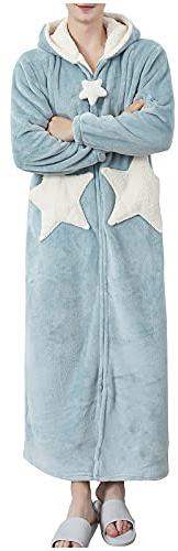Accappatoio da uomo e da donna, morbido con cappuccio, vestaglia da donna, lungo, soffice, in pile, caldo, invernale, cintura, biancheria da notte, con chiusura lampo, Blu, XL