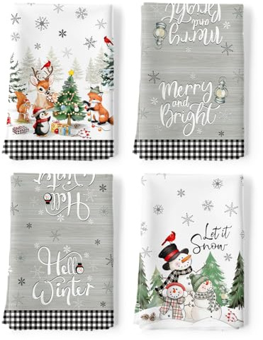Arquiel Weihnachten Geschirrtücher 4 Stück, Küchentücher 100% Baumwolle Schneemann Küchenhandtuch Set Multi-Purpose Hochwertige Trockentuch Bar Handtücher Geschenk 48 x 70CM