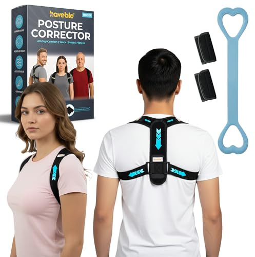 Haveble Posture Corrector for Men & Women, Adjustable Back Support Brace with Underarm Cushions for Back, Shoulder & Neck Relief, Comfortable Upper Back Straightener, Includes 8 Figure Resistance Band
