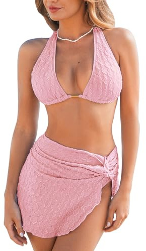 CUPSHE Women's Bikini Sets Three Piece Swimsuit V Neck Textured Halter Back Self Tie Twist Sarong Low Rise, M Pink