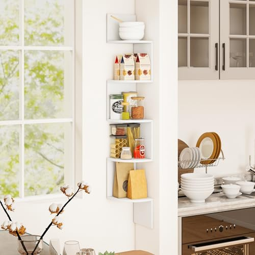 HOMASIS Eckregal mit 5 Ebenen, hängendes Wandregal Schweberegal aus Holz, Bücherregal Zickzack Wandmontage, platzsparendes CD DVD Regal für Wohnzimmer, Büro, Küche & Bad, 20 x 20 x 126 cm (Weiß)