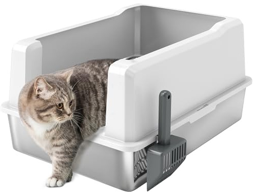 PawHut Lettiera per Gatti XXL Impermeabile in ABS 71x50.8x35.5 cm Bianco | Pareti Rialzate, Toilette per Gatti, Vassoio in Acciaio e Paletta, Lettiera per Gattini