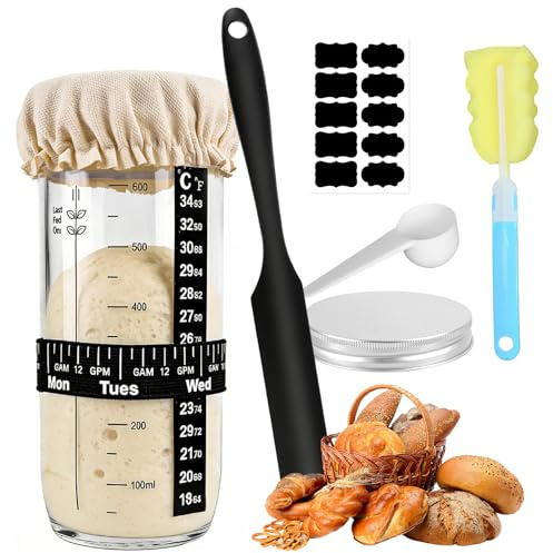 Kuvarix Startset för surdeg, 730 ml, surdegsglas, matlagningstillbehör med aluminiumlock, jäsningsduk, värmetejp, etikett, silikonspatel, datum