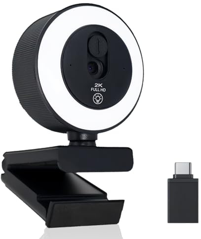 Briocht 2K HD Webcam for PC and Laptop, 360° Adjustable Web Cam with Auto Focus, Noise Cancelling Microphone, 3-Color Touch Lighting for Video Calls, Live Streaming and Remote Work