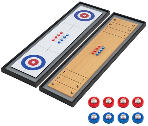 COSTWAY 2 in 1 Shuffleboard da Tavolo, Gioco di Curling con 8 Dischi, Portatile in Legno, Gioco da Tavolo Doppia Faccia per Adulti, Bambini, 114 x 32 cm