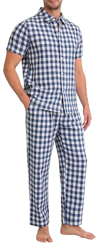 Sykooria Mens Pj Set Button Down Pajamas Set Soft Cotton Pajamas for Men Ultra Soft Sleepwear Short Sleeve Pjs Navy Plaid XL