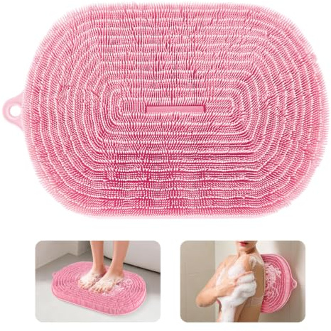 Rolcoassuns Silikon Duschmatte, 54 x 35,5 cm Fußbürste für die Dusche, Rosa | Große Peeling-Reiniger für Füße & Rücken mit Saugnäpfen, Fußmassage Matte, Entfernt tote Haut, Weiche Borsten, ohne Bücken