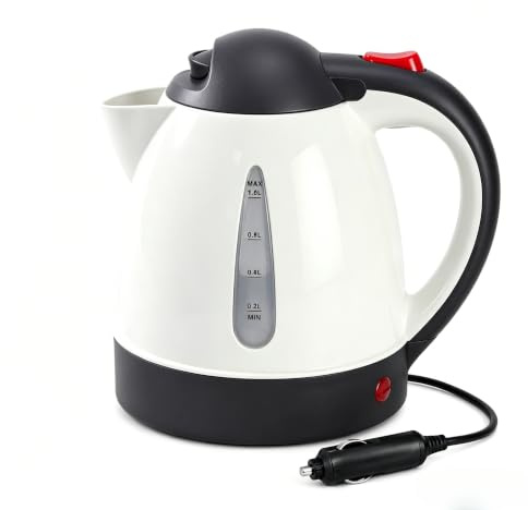 Wasserkocher Auto 1L, Tragbare Reise wasserkocher für Auto Camping, Reisekocher mit Zigarettenanzünder-Stecker, Automatische Abschaltung und Trockenkochschutz (12V150W-Beige)