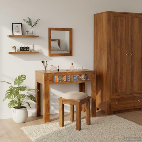 LoogCape Dressing Table Brown Solid Acacia Wood 90 x 45 x 75 cm with 2 Drawers Wing Mirror Cosmetic Storage Space for Bedroom Bathroom Teenager's Room