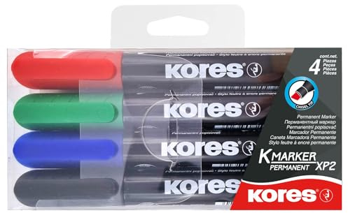 Kores - K-Marker XP2 : Marqueur Permanent de Couleur, Pointe Biseautée, Encre Imperméable et à Faible Odeur, pour Toutes les Surfaces, Paquet de 4 Couleurs Assorties