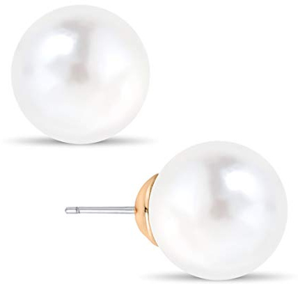 White Pearl Earrings for Women Studs - Faux Large Pearl Stud Earrings for Women, Hypoallergenic Small Round 10mm Big Fake Elegant Statement Fashion Jewelry for Brides, Bridesmaids or Prom