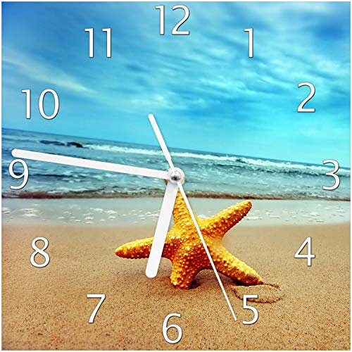 Wallario Design-Wanduhr Seestern am Strand am Meer aus Glas, Motiv-Uhr Größe 20 x 20 cm, weiße Zeiger