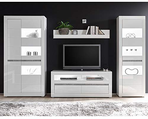 Lomadox Wohnwand in Weiss Hochglanz Breite: 336cm inkl. 2 Vitrinen mit LED-Beleuchtung