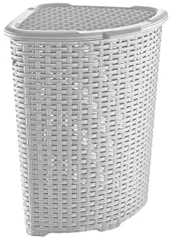 Plastic Corner Laundry Basket with Lid Large Rattan Washing Clothes Storage Hamper Bin (White)