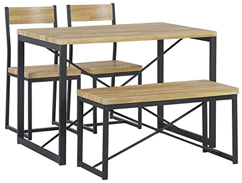 Matgrupp Industriell Bord 2 Stolar Bänk Ljust Trä med Svart Flixton