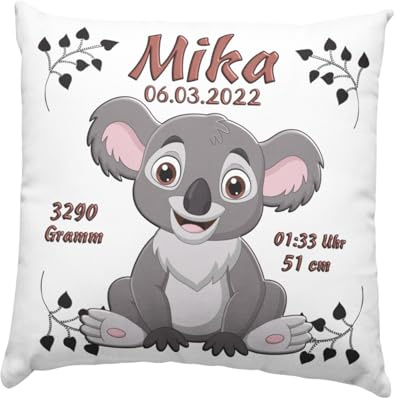 Baby Geschenk Kissen mit Namen und Geburtsdaten - Geburt Junge oder Mädchen Geburtsgeschenk Babykissen -personalisierte Babygeschenke -taufgeschenk von Taufpaten - neugeborenen Koalabär taufe