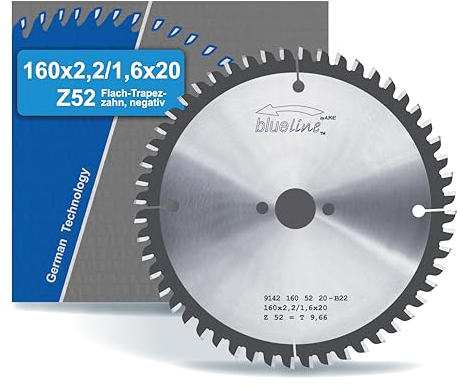 blueline by AKE Kreissägeblatt | 160x20 Z52 Flach-Trapezzahn negativ, Hartmetall | sehr fein | für Holzwerkstoff, Kunststoff, Laminat, Aluminium | auf Handkreissäge, Tischkreissäge - für Festool