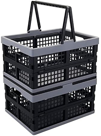 Fiazony 2-Pack Plastic Collapsible Storage Crate, 15 L Folding Shopping Basket with Handles