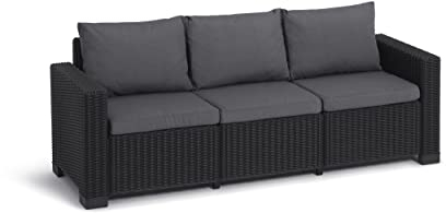 Allibert by Keter Gartenlounge Sofa California 3-Sitzer, graphit/ cool grey, inkl. Sitz- und Rückenkissen, Kunststoff, runde Rattanoptik, 199 x 68 x 72 cm