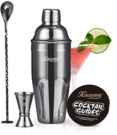KITESSENSU Cocktail Shaker Set, Stainless Steel Martini Shaker Set with 24 Ounce Cocktail Mixer with Drink Shaker, Measuring Jigger, Bar Spoon & Drink Recipe Guide, Black