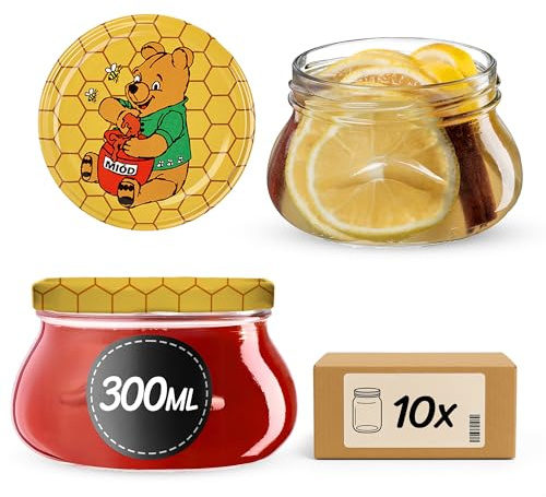 KADAX Lot de 10 petits bocaux à confiture miniatures de 300 ml pour miel et épices, pots à confiture avec couvercle, bocaux hermétiques à offrir (Winnie l'ourson)